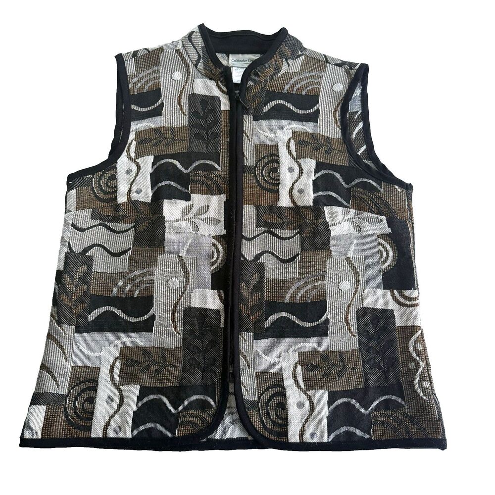Vintage Coldwater Creek Tapestry Vest Women's MED Brown Black Multi Boho Hippie